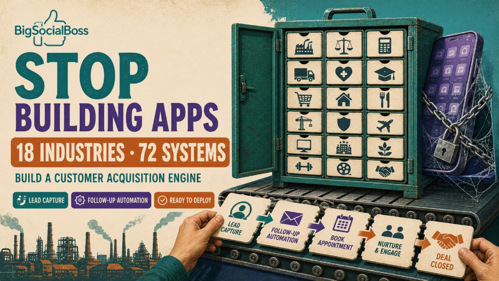 Stop building an APP for the factory: you need a customer-acquisition system that runs itself (18 industries, 72 kits)