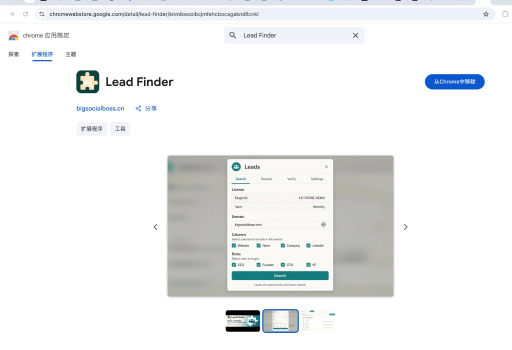 Chrome Web Store LeadFinder listing: search box and role filters