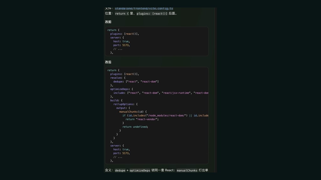 vite.config.ts before and after: one shared React instance
