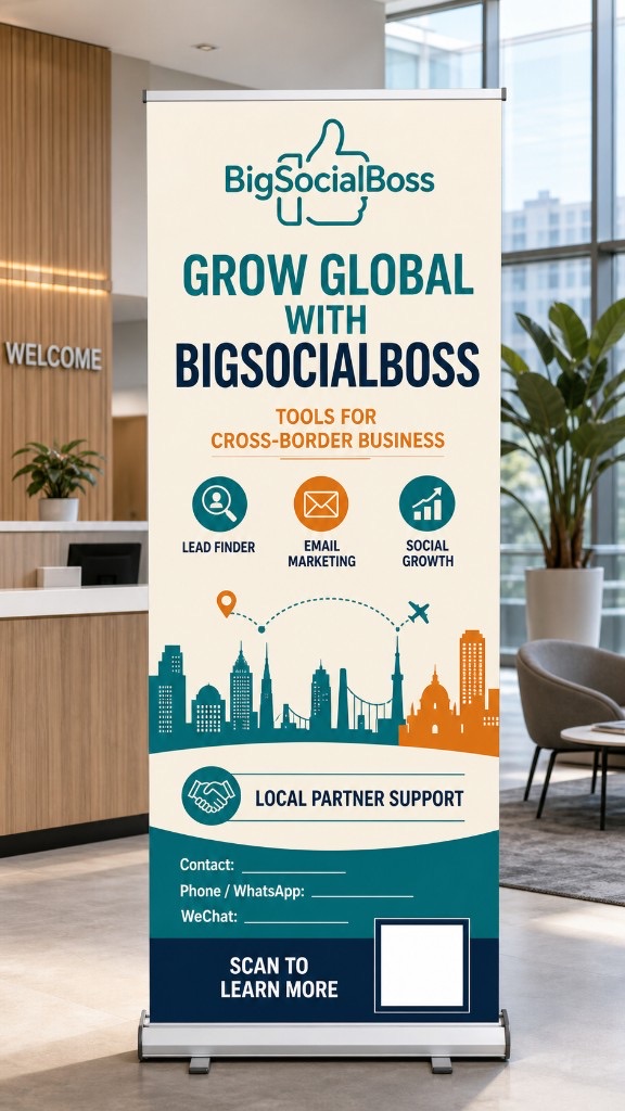 BigSocialBoss roll-up banner with local partner support and contact fields
