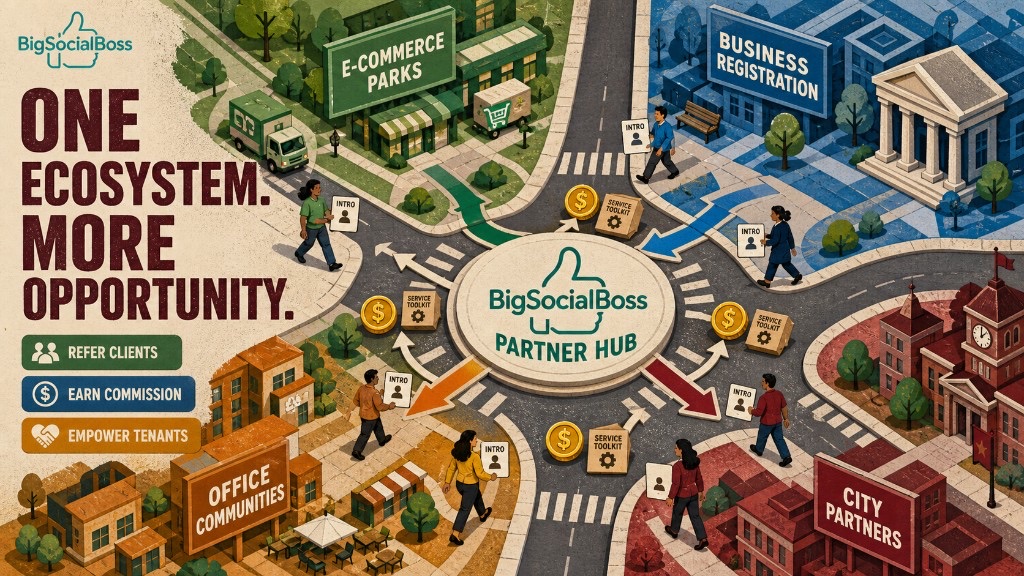 BigSocialBoss partner hub connecting e-commerce parks, business registration, city partners, and office communities