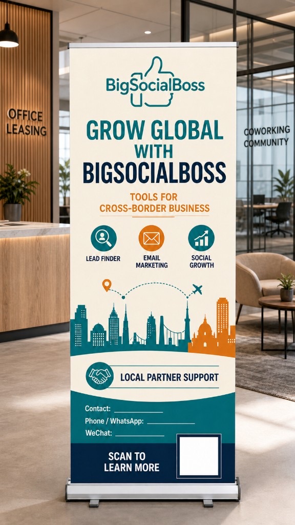 BigSocialBoss roll-up in a coworking lobby — local partner support with contact and scan fields