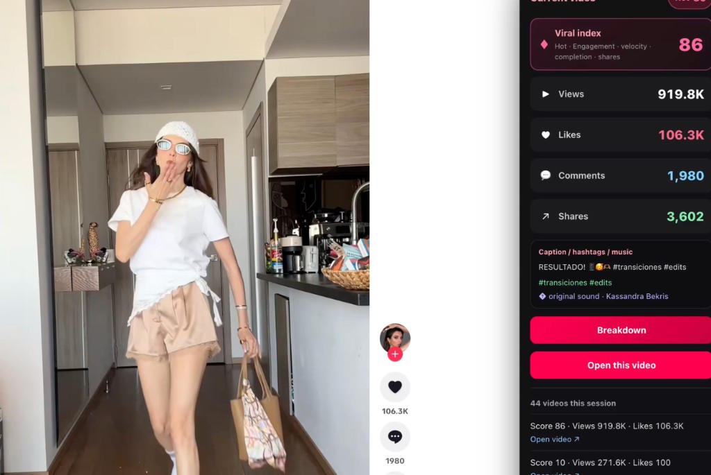 TikTok Viral Score English panel showing viral index 86 and Breakdown